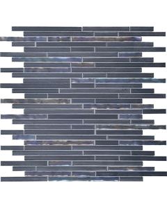 A close-up image of Daltile's 12x12 Indigo Random Linear Medium Grey Glass Tile from the Opulence collection.