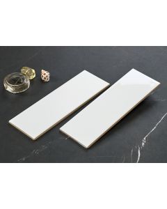 A close-up view of Walkon's Hudson White Polished Subway Tile, featuring its white shade and polished finish.